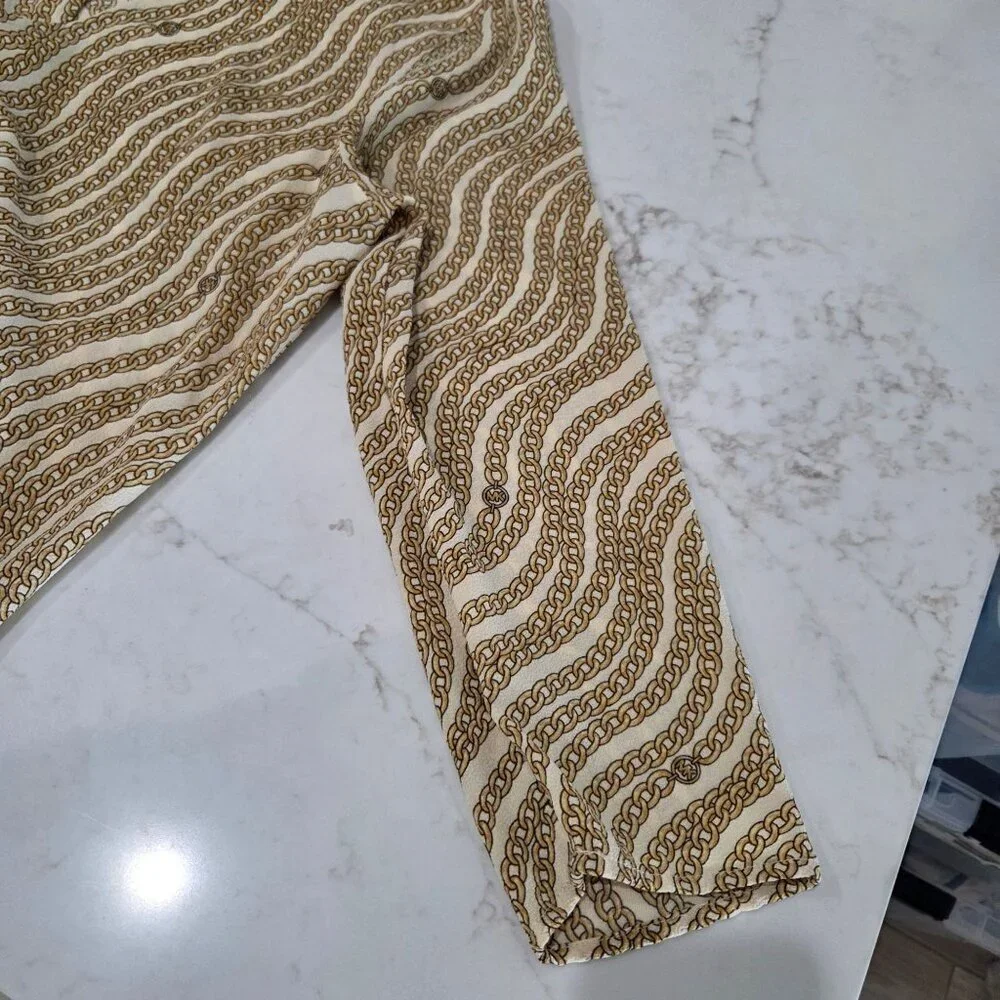 Michael‎ Kors Gold Chain Print Blouse Size Medium Gold Long Sleeve Equestrian